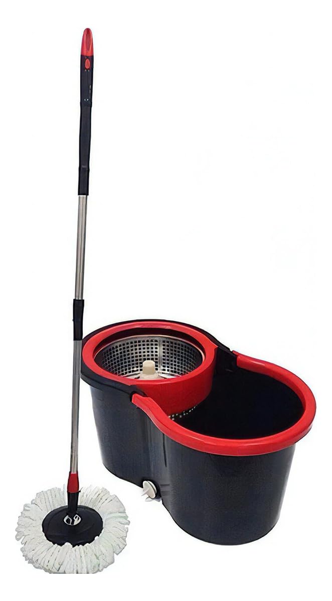 Conjunto de Esfregão Giratório com Balde e Centrífuga, com 3 refis de cabeça de microfibra e cabo ajustável de aço inoxidável de 61 polegadas ideal para limpeza de pisos.
