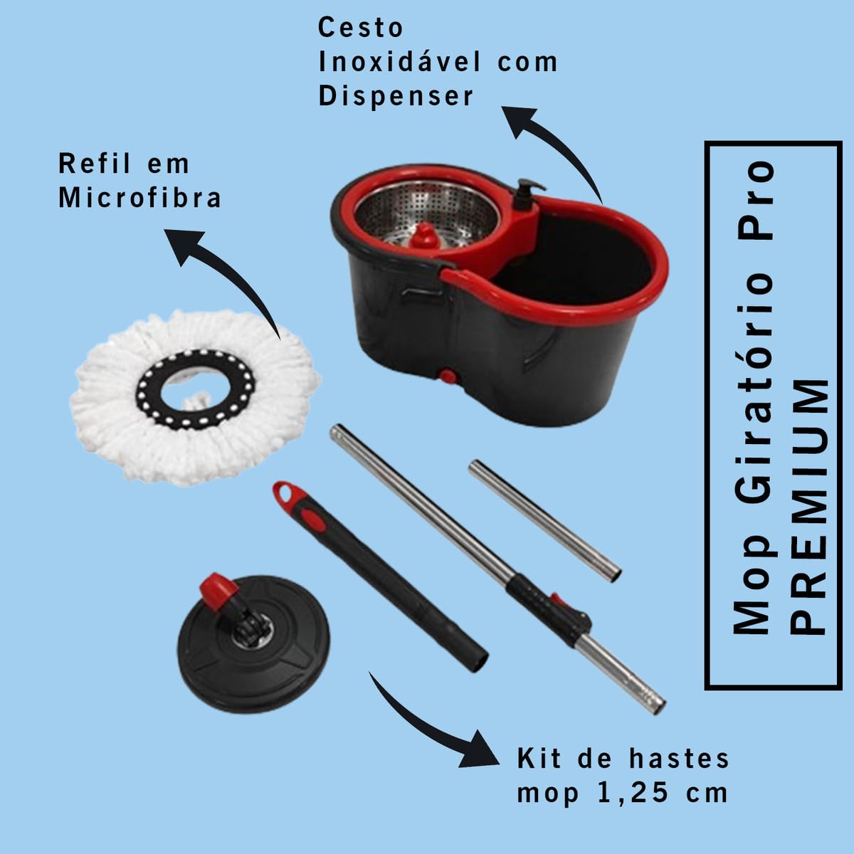 Conjunto de Esfregão Giratório com Balde e Centrífuga, com 3 refis de cabeça de microfibra e cabo ajustável de aço inoxidável de 61 polegadas ideal para limpeza de pisos.