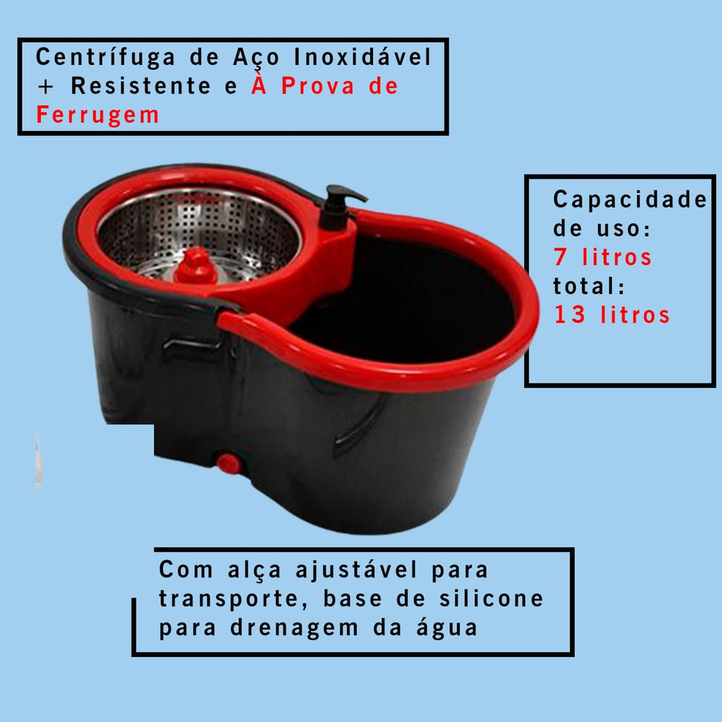 Conjunto de Esfregão Giratório com Balde e Centrífuga, com 3 refis de cabeça de microfibra e cabo ajustável de aço inoxidável de 61 polegadas ideal para limpeza de pisos.
