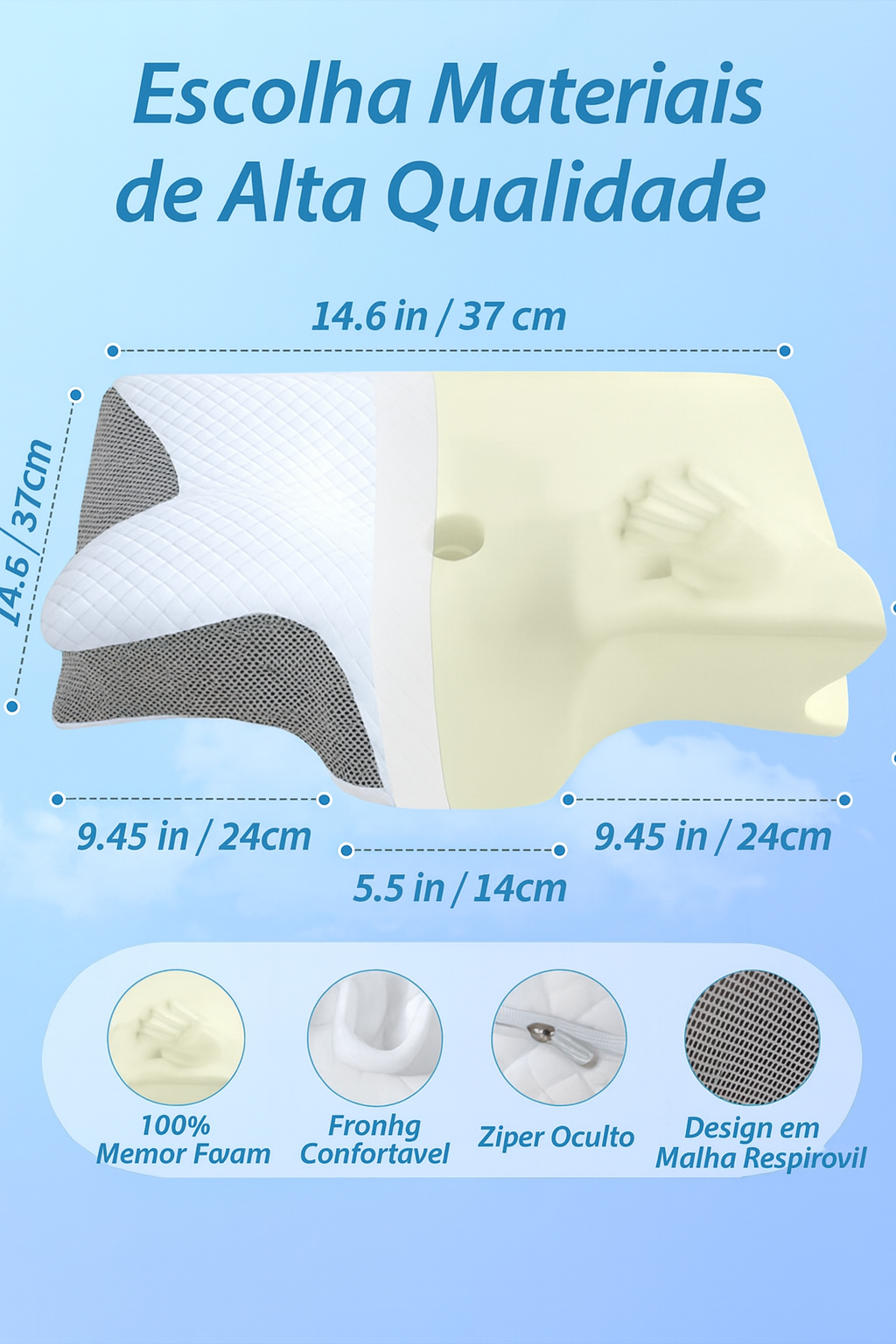 Travesseiro Cervical Ortopédico para proteção da coluna cervical, zero pressão, espuma de memória de retorno lento em formato de chifre/borboleta.