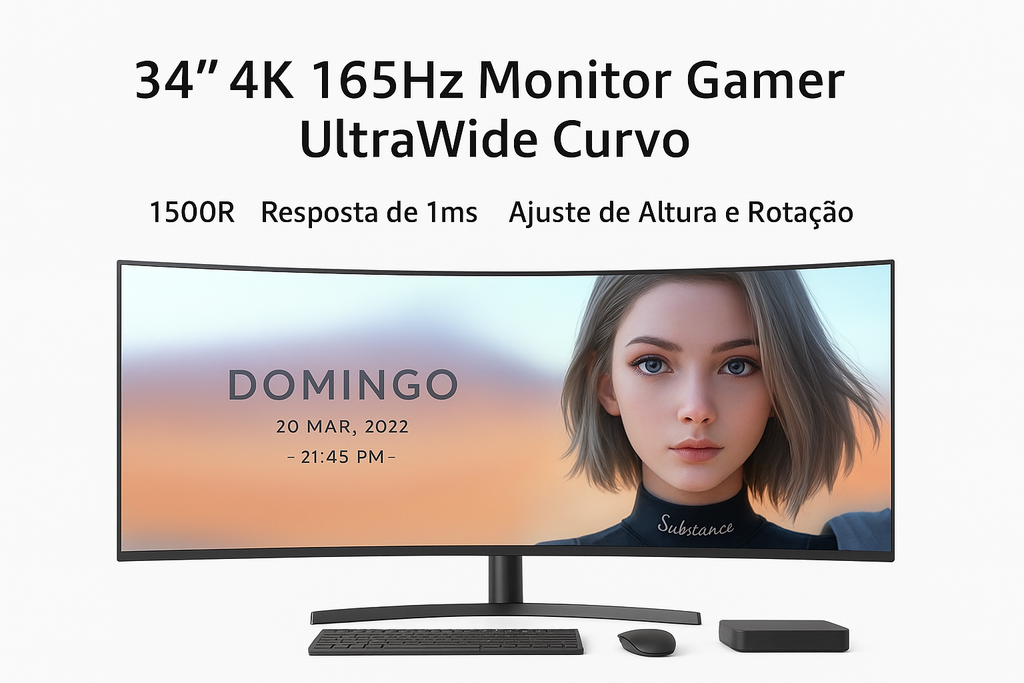 Monitor Gamer Curvo de 34 Polegadas para Computador, Tela 4K Ultra Larga, 165Hz/100Hz, Display 144, Ideal para Desenho Profissional