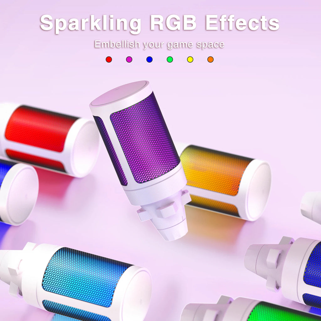 Microfone USB Gamer AmpliGame com Mudo Rápido, Microfone Condensador RGB com Tripé para PC, PS5 e Laptop – Streaming e Podcasting – A2W Branco