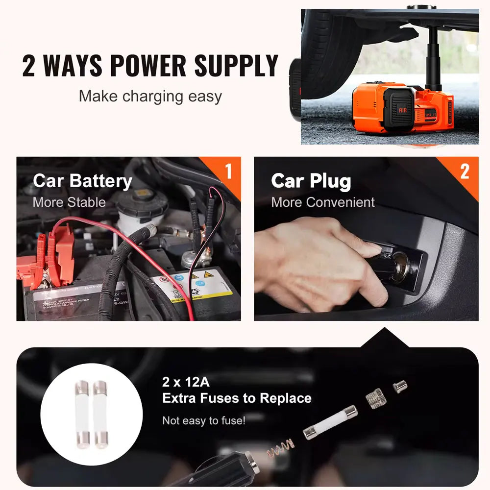 Macaco elétrico hidráulico automotivo 5 toneladas 4 em 1, 12V, com bomba infladora e luz LED, para reparo de pneus de carros e caminhões