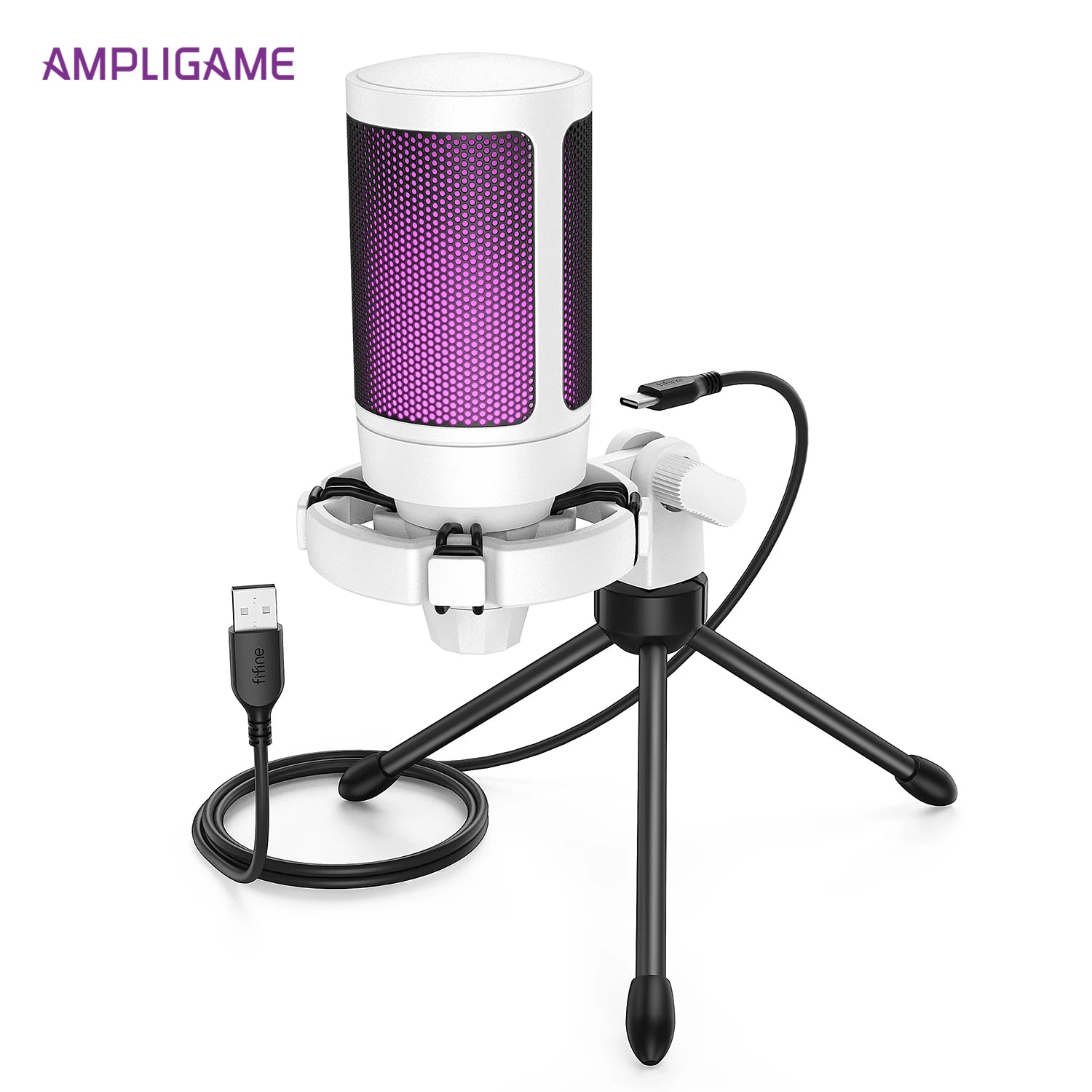 Microfone USB Gamer AmpliGame com Mudo Rápido, Microfone Condensador RGB com Tripé para PC, PS5 e Laptop – Streaming e Podcasting – A2W Branco