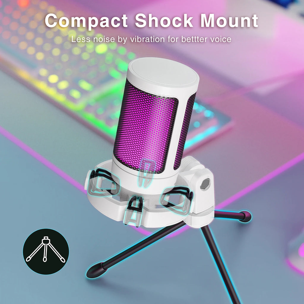 Microfone USB Gamer AmpliGame com Mudo Rápido, Microfone Condensador RGB com Tripé para PC, PS5 e Laptop – Streaming e Podcasting – A2W Branco