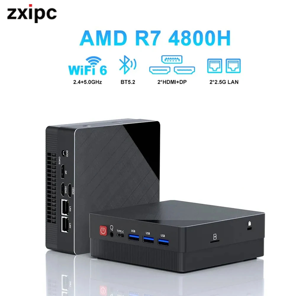 Mini PC Computador Gaming AMD Ryzen7 4800H 5800H 4500U 7530U Pocket Dual HDMI LAN WIFI6 BT 5.2 NUC Office Desk Computer 4300U NVMe