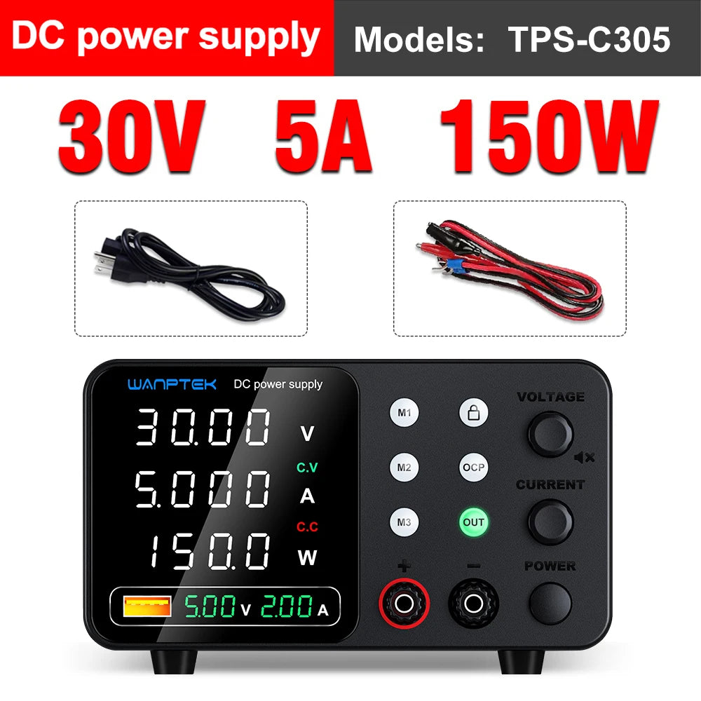 Fonte de Alimentação DC de Laboratório Wanptek Ajustável 30V 10A, ajuste por encoder, memória, fonte de bancada 160V 120V 60V 5A 3A, anodização metálica.