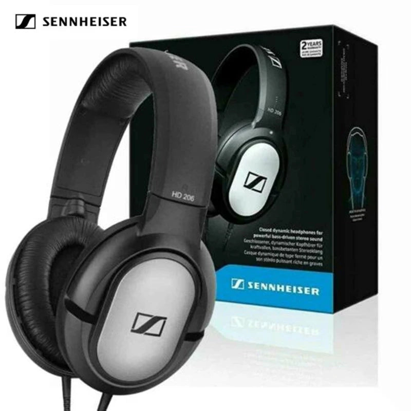 Fones de ouvido Sennheiser HD 206 com fio de 3,5 mm, graves profundos, estéreo, isolamento de ruído, fones de ouvido para jogos esportivos, para iPhone e Android