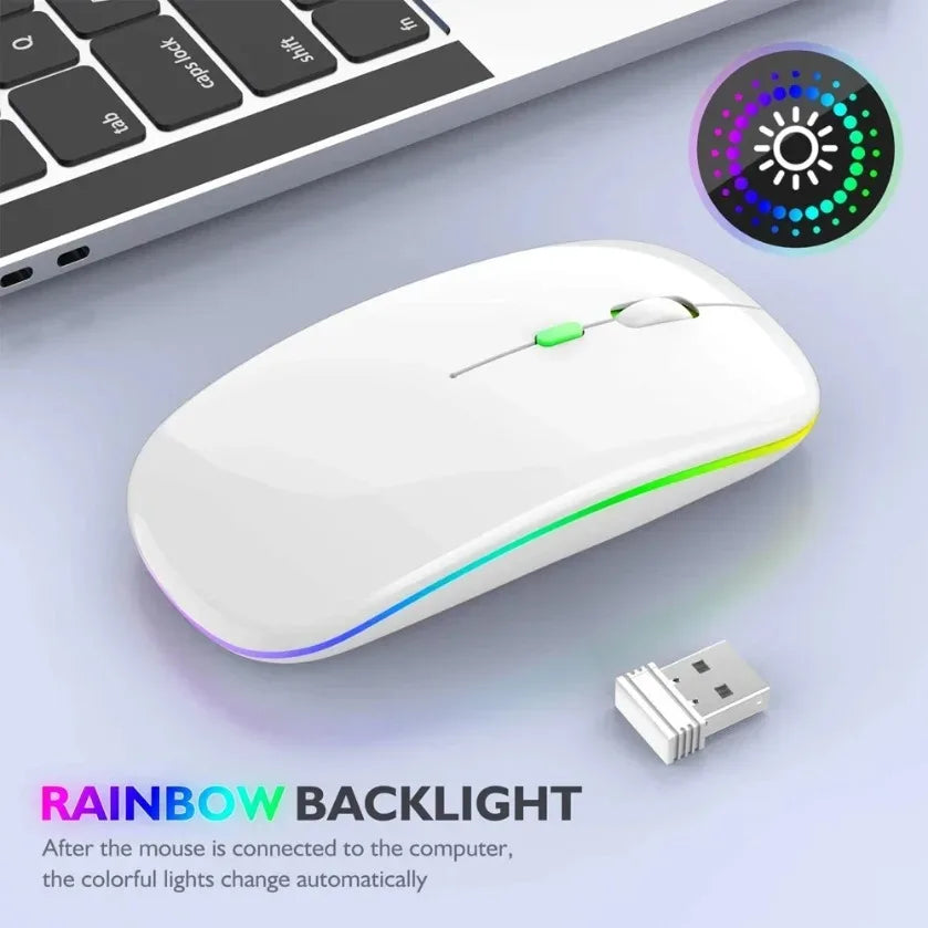 Mouse sem fio recarregável e silencioso com luz de LED, para PC e notebook, receptor 2.4GHz, Bluetooth, modo duplo, óptico.