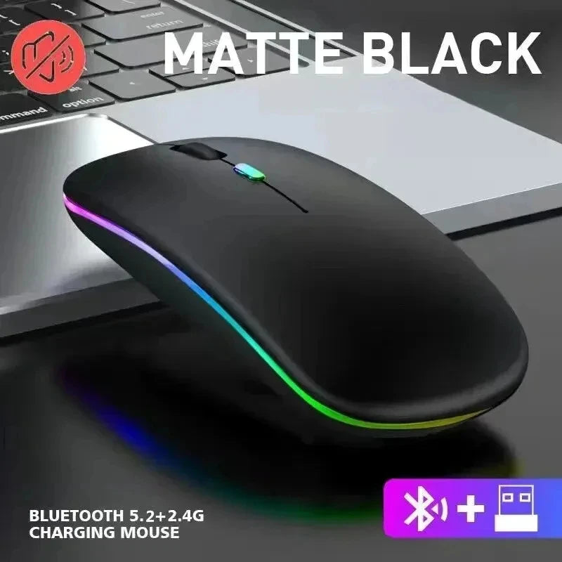 Mouse Sem Fio Recarregável Silencioso com Iluminação LED — Mouse Óptico de Modo Duplo (Bluetooth + Receptor 2.4GHz) para PC, Notebook e Computador