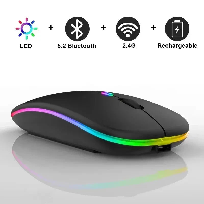 Mouse Sem Fio Recarregável Silencioso com Iluminação LED — Mouse Óptico de Modo Duplo (Bluetooth + Receptor 2.4GHz) para PC, Notebook e Computador