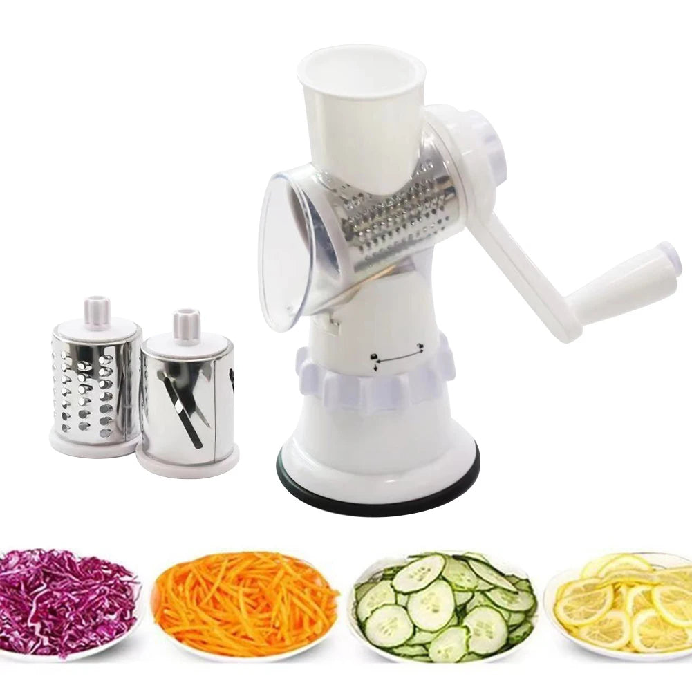 Cortador e Fatiador de Legumes Manual com Manivela – Picador de Cozinha com 3 Tambores Afiados Ajustáveis, Multifuncional para Ralar Batatas e Outros Alimentos.