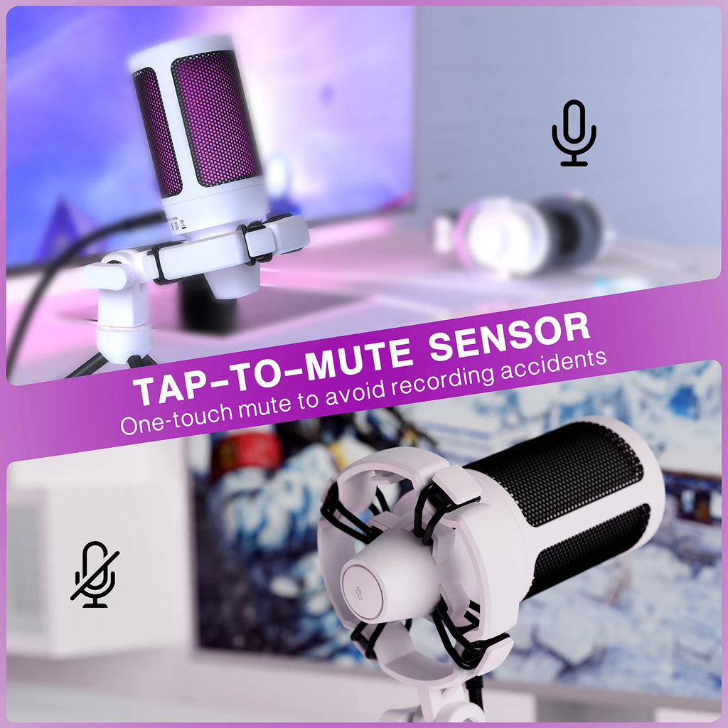 Microfone USB Gamer AmpliGame com Mudo Rápido, Microfone Condensador RGB com Tripé para PC, PS5 e Laptop – Streaming e Podcasting – A2W Branco