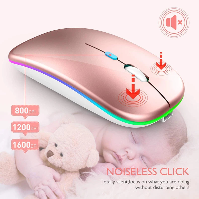 Bluetooth Mouse 2.4GHz Wireless Mouse Mice Rechargeable Mouse Silent Mouse LED Backlit USB Gaming Mouse 1600DPI for PC Laptop