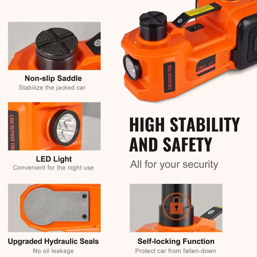 Macaco elétrico hidráulico automotivo 5 toneladas 4 em 1, 12V, com bomba infladora e luz LED, para reparo de pneus de carros e caminhões