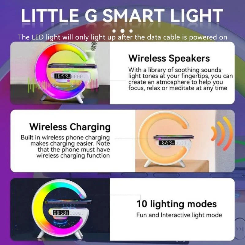 Luminária Noturna RGB Multifuncional — Alto-falante Sem Fio, Despertador, Caixa de Som Bluetooth e Estação de Carregamento Sem Fio para iPhone