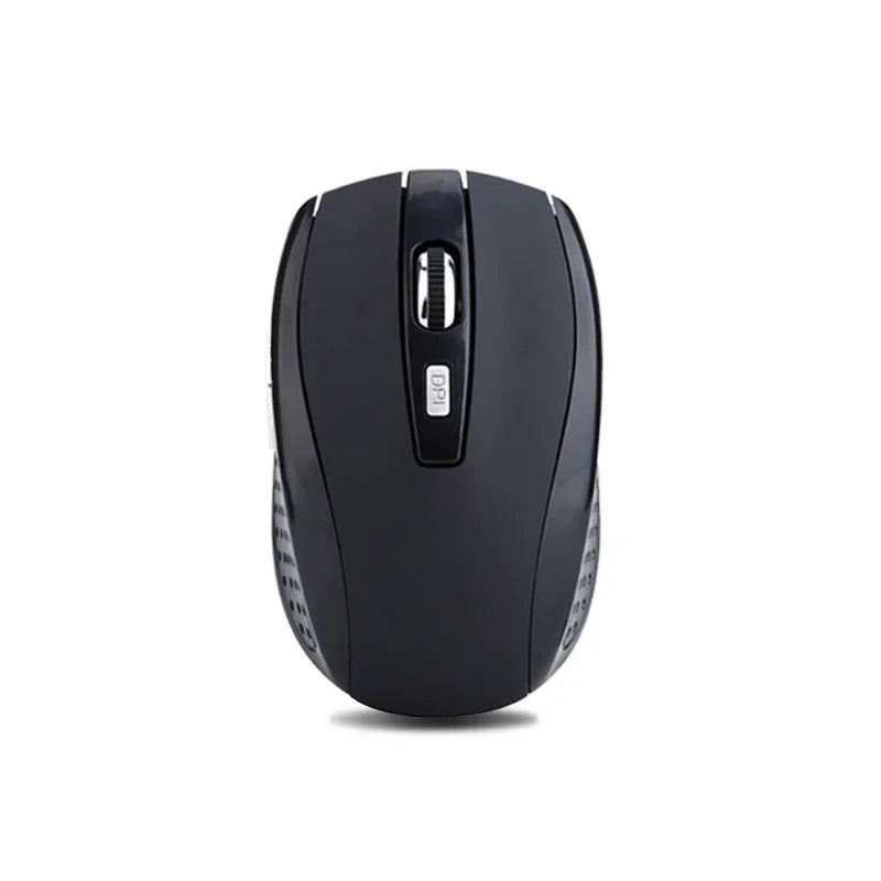 Mouse sem fio 2.4G, portátil, óptico e alimentado por bateria, com suporte para níveis de DPI ajustáveis, ideal para notebooks e uso em escritório.