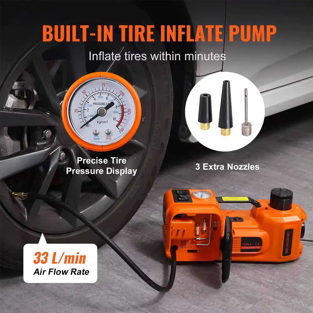 Macaco elétrico hidráulico automotivo 5 toneladas 4 em 1, 12V, com bomba infladora e luz LED, para reparo de pneus de carros e caminhões