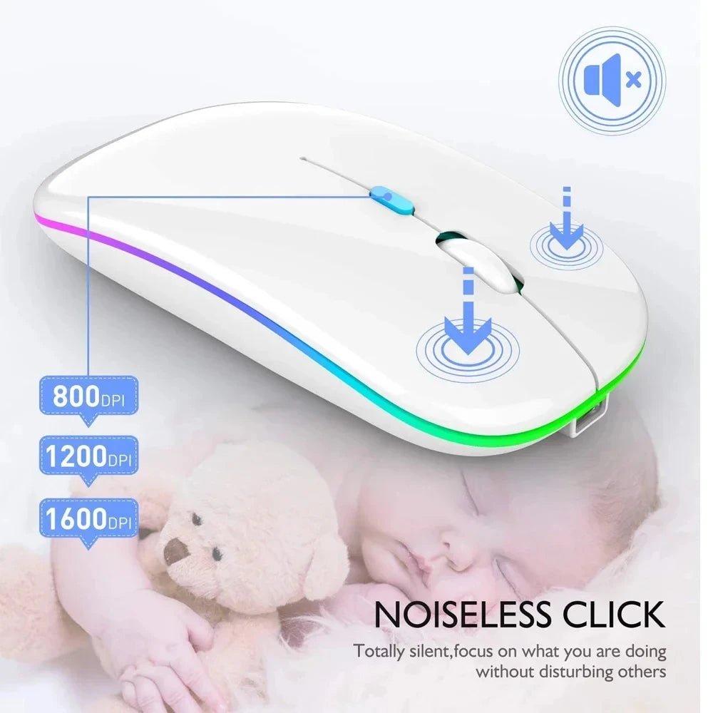 Mouse Sem Fio Recarregável Silencioso com Iluminação LED — Mouse Óptico de Modo Duplo (Bluetooth + Receptor 2.4GHz) para PC, Notebook e Computador