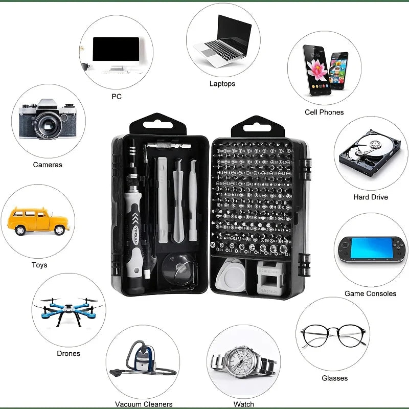 Kit de ferramentas manuais para reparo e desmontagem de computadores, smartphones e relógios.