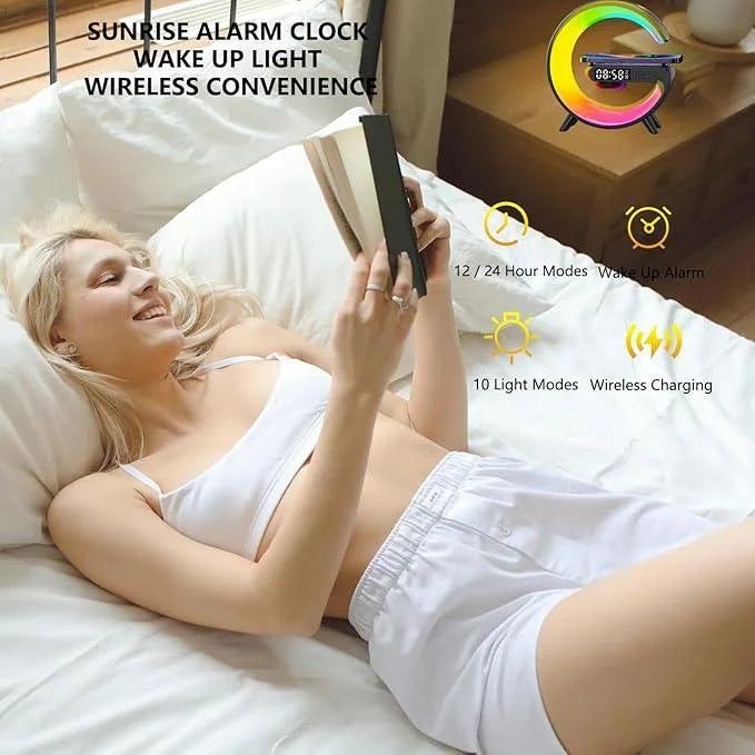 Luminária Noturna RGB Multifuncional — Alto-falante Sem Fio, Despertador, Caixa de Som Bluetooth e Estação de Carregamento Sem Fio para iPhone