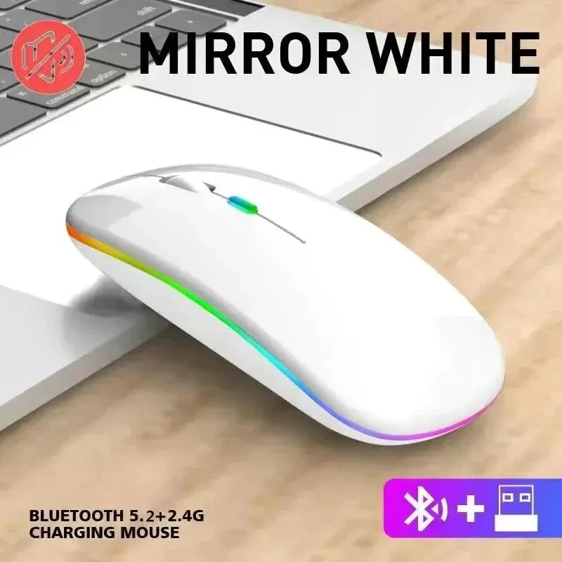 Mouse Sem Fio Recarregável Silencioso com Iluminação LED — Mouse Óptico de Modo Duplo (Bluetooth + Receptor 2.4GHz) para PC, Notebook e Computador