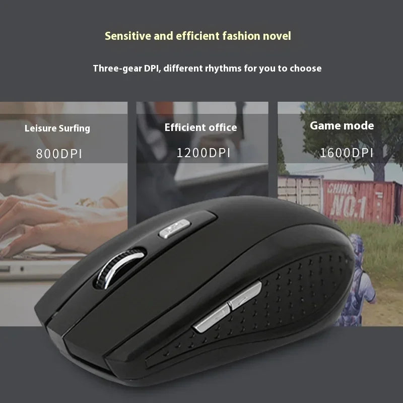 Mouse sem fio 2.4G, portátil, óptico e alimentado por bateria, com suporte para níveis de DPI ajustáveis, ideal para notebooks e uso em escritório.
