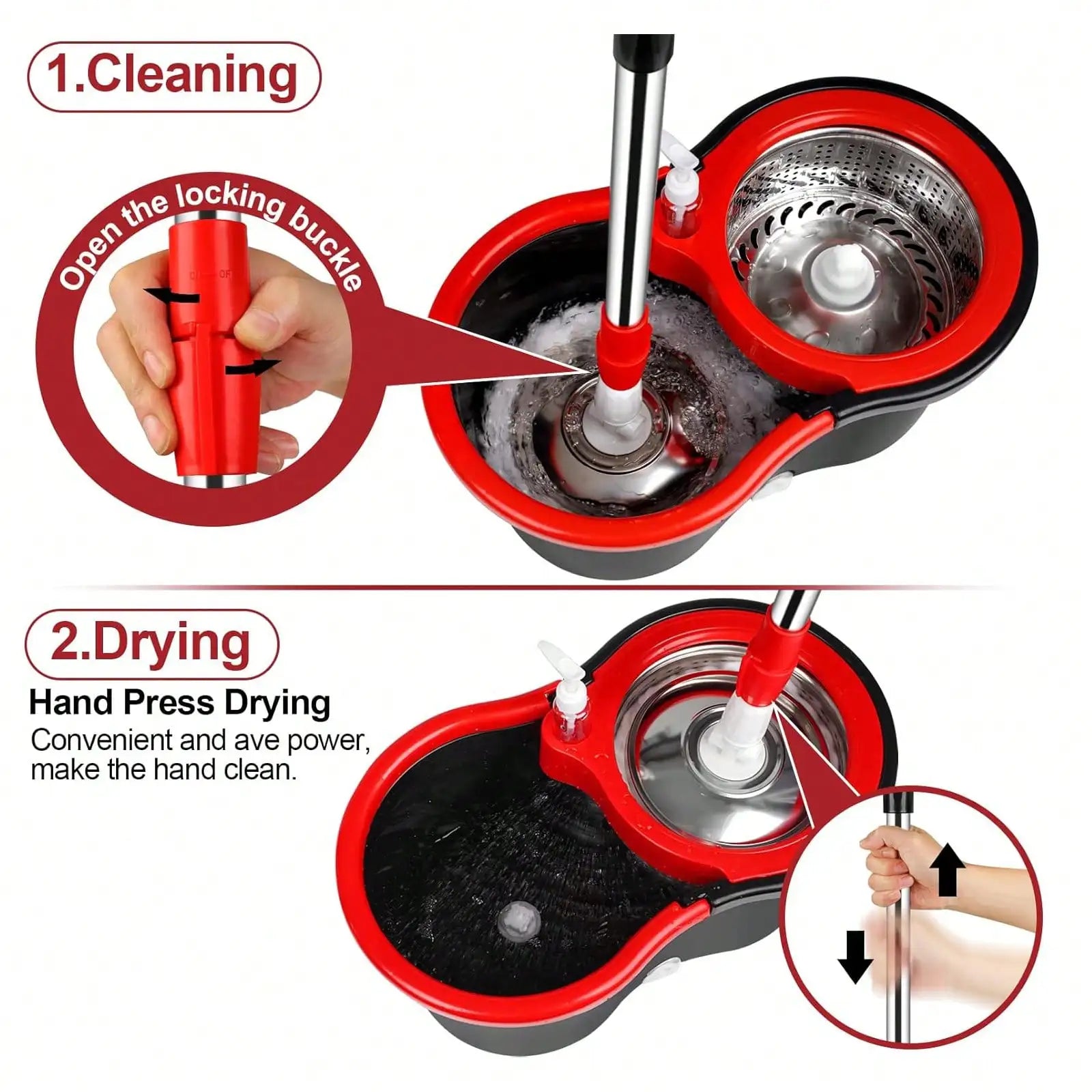 Conjunto de Esfregão Giratório com Balde e Centrífuga, com 3 refis de cabeça de microfibra e cabo ajustável de aço inoxidável de 61 polegadas ideal para limpeza de pisos.