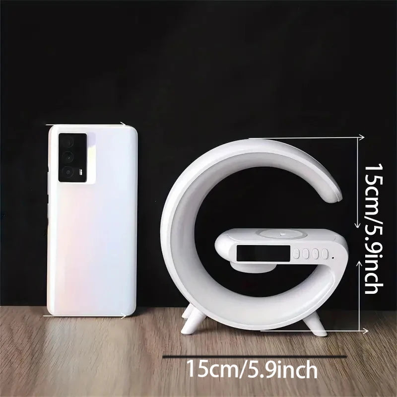 Luminária Noturna RGB Multifuncional — Alto-falante Sem Fio, Despertador, Caixa de Som Bluetooth e Estação de Carregamento Sem Fio para iPhone