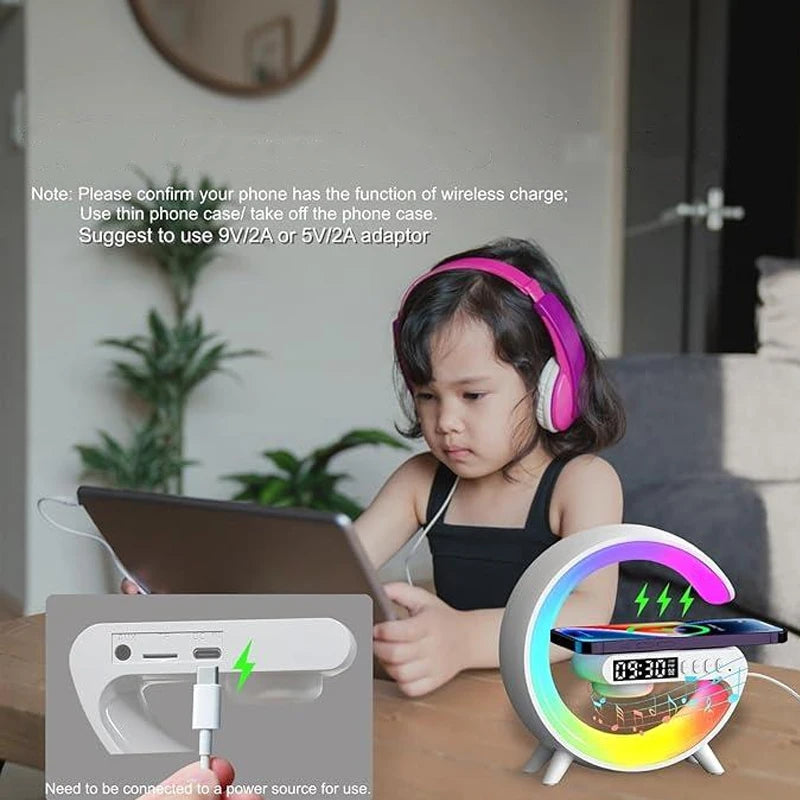 Luminária Noturna RGB Multifuncional — Alto-falante Sem Fio, Despertador, Caixa de Som Bluetooth e Estação de Carregamento Sem Fio para iPhone