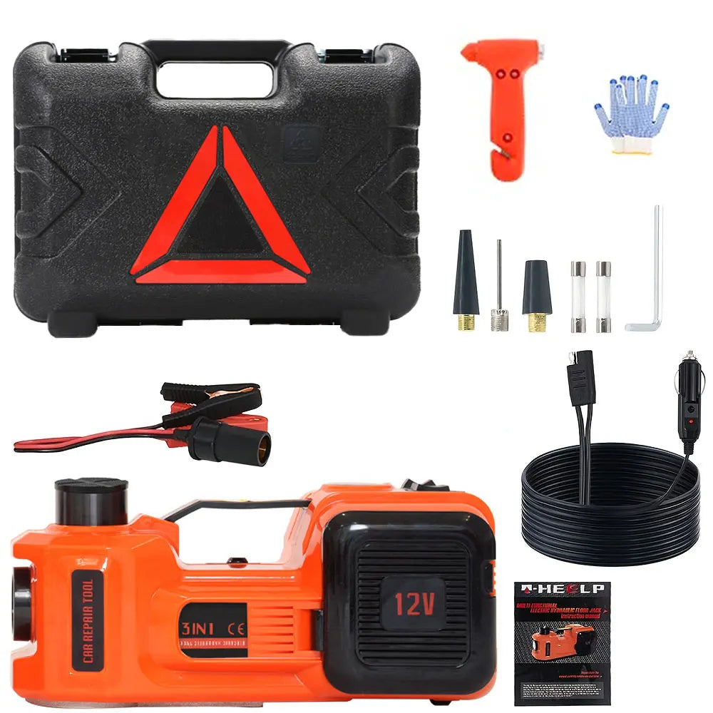 Macaco elétrico hidráulico automotivo 5 toneladas 4 em 1, 12V, com bomba infladora e luz LED, para reparo de pneus de carros e caminhões