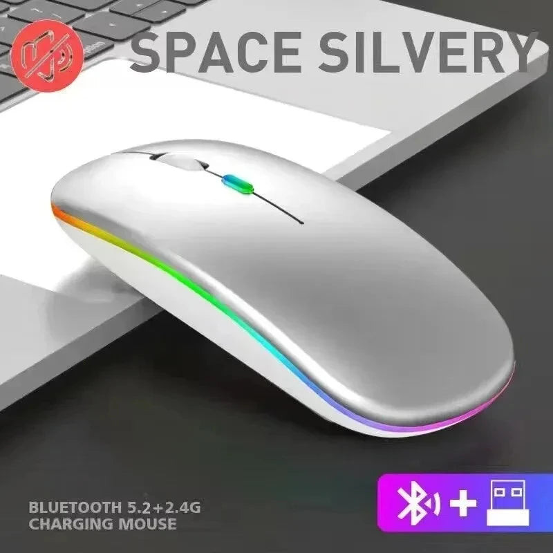 Mouse Sem Fio Recarregável Silencioso com Iluminação LED — Mouse Óptico de Modo Duplo (Bluetooth + Receptor 2.4GHz) para PC, Notebook e Computador
