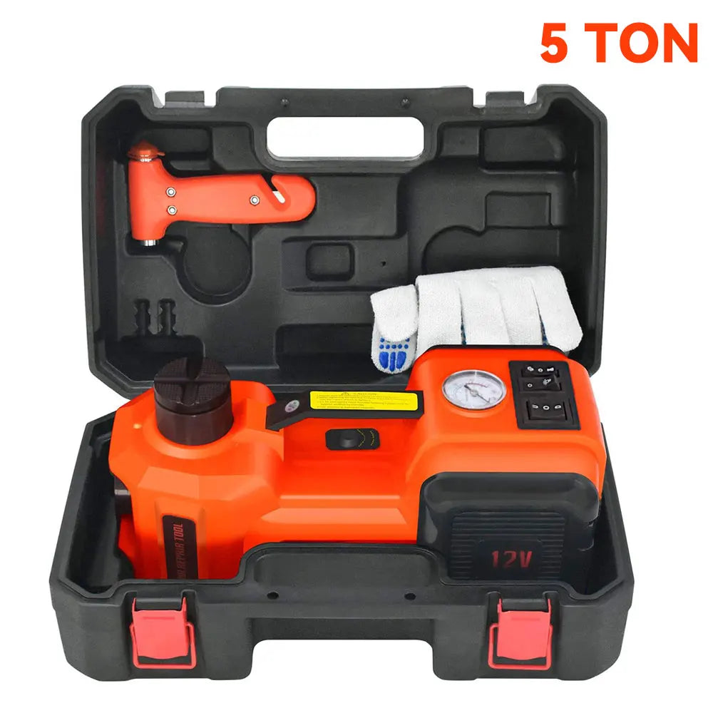 Macaco elétrico hidráulico automotivo 5 toneladas 4 em 1, 12V, com bomba infladora e luz LED, para reparo de pneus de carros e caminhões
