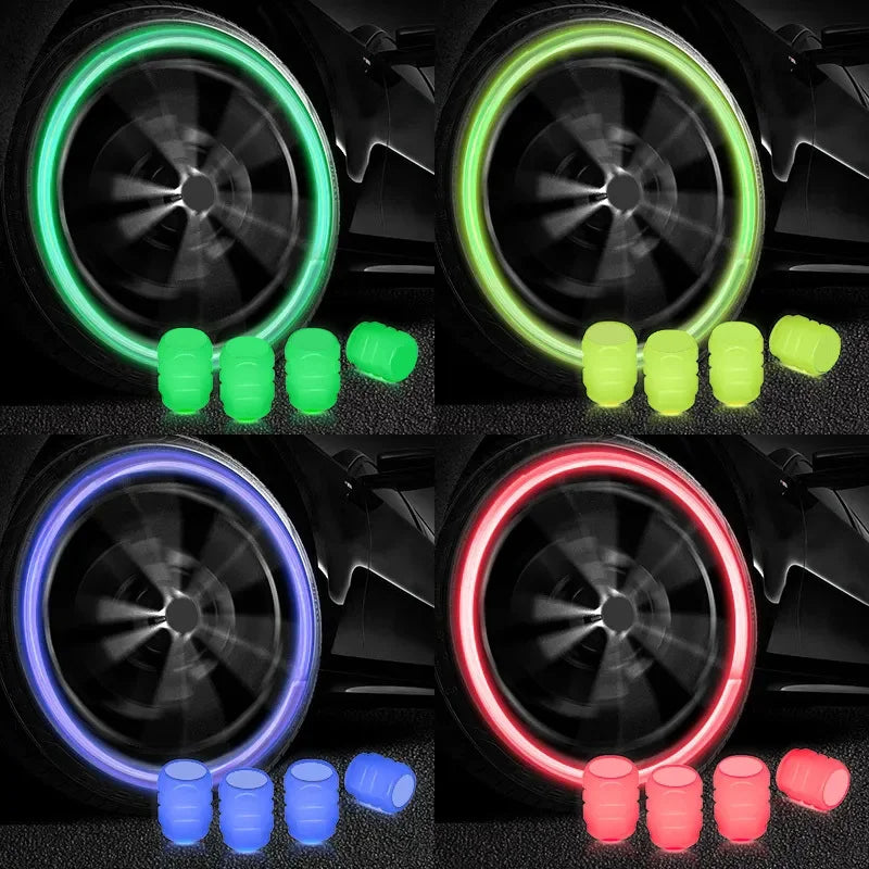Tampas de Válvula Luminosas — 1/4 Tampas Fluorescentes para Pneu de Carro Brilham no escuro, ideais para carro, moto ou bicicleta. Tampas decorativas para rodas e cubos de pneu.