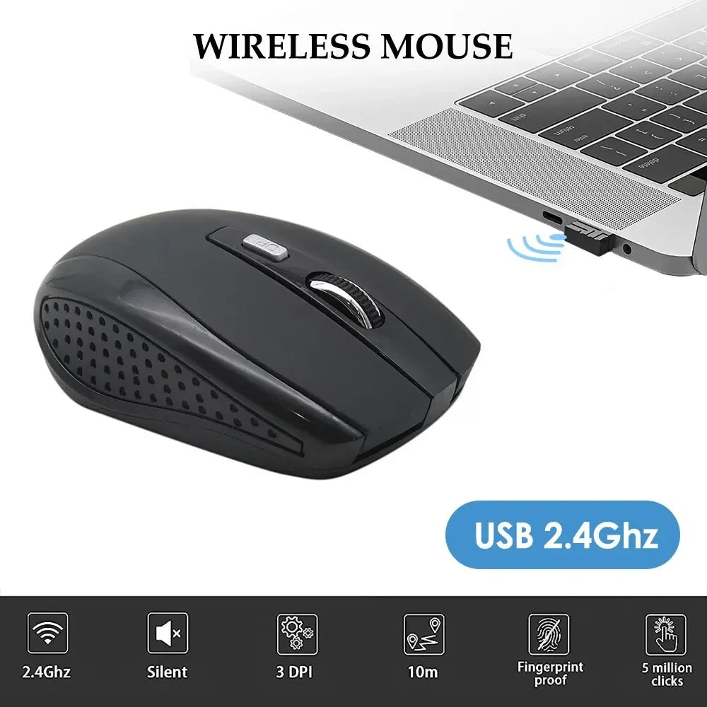 Mouse sem fio 2.4G, portátil, óptico e alimentado por bateria, com suporte para níveis de DPI ajustáveis, ideal para notebooks e uso em escritório.