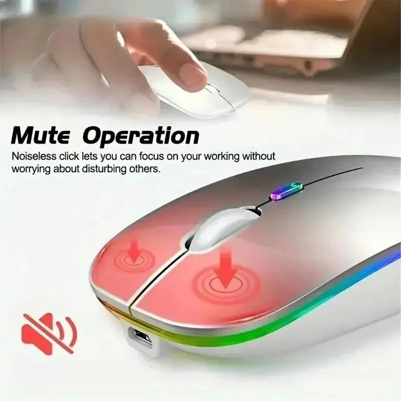 Mouse Sem Fio Recarregável Silencioso com Iluminação LED — Mouse Óptico de Modo Duplo (Bluetooth + Receptor 2.4GHz) para PC, Notebook e Computador