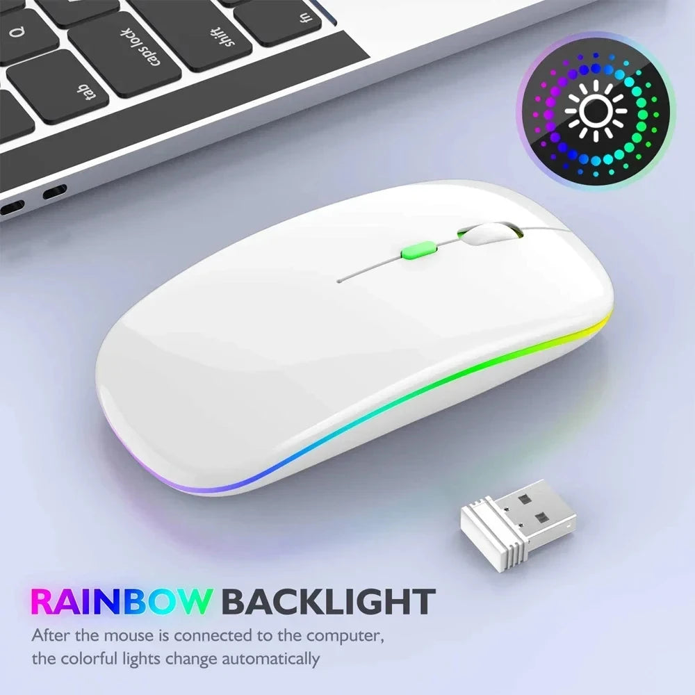 Mouse Sem Fio Recarregável Silencioso com Iluminação LED — Mouse Óptico de Modo Duplo (Bluetooth + Receptor 2.4GHz) para PC, Notebook e Computador