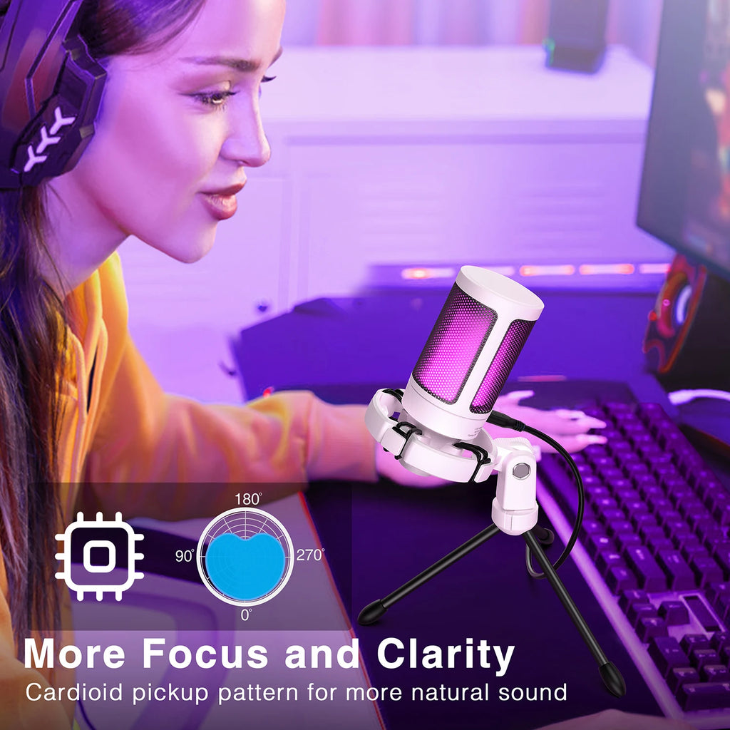 Microfone USB Gamer AmpliGame com Mudo Rápido, Microfone Condensador RGB com Tripé para PC, PS5 e Laptop – Streaming e Podcasting – A2W Branco