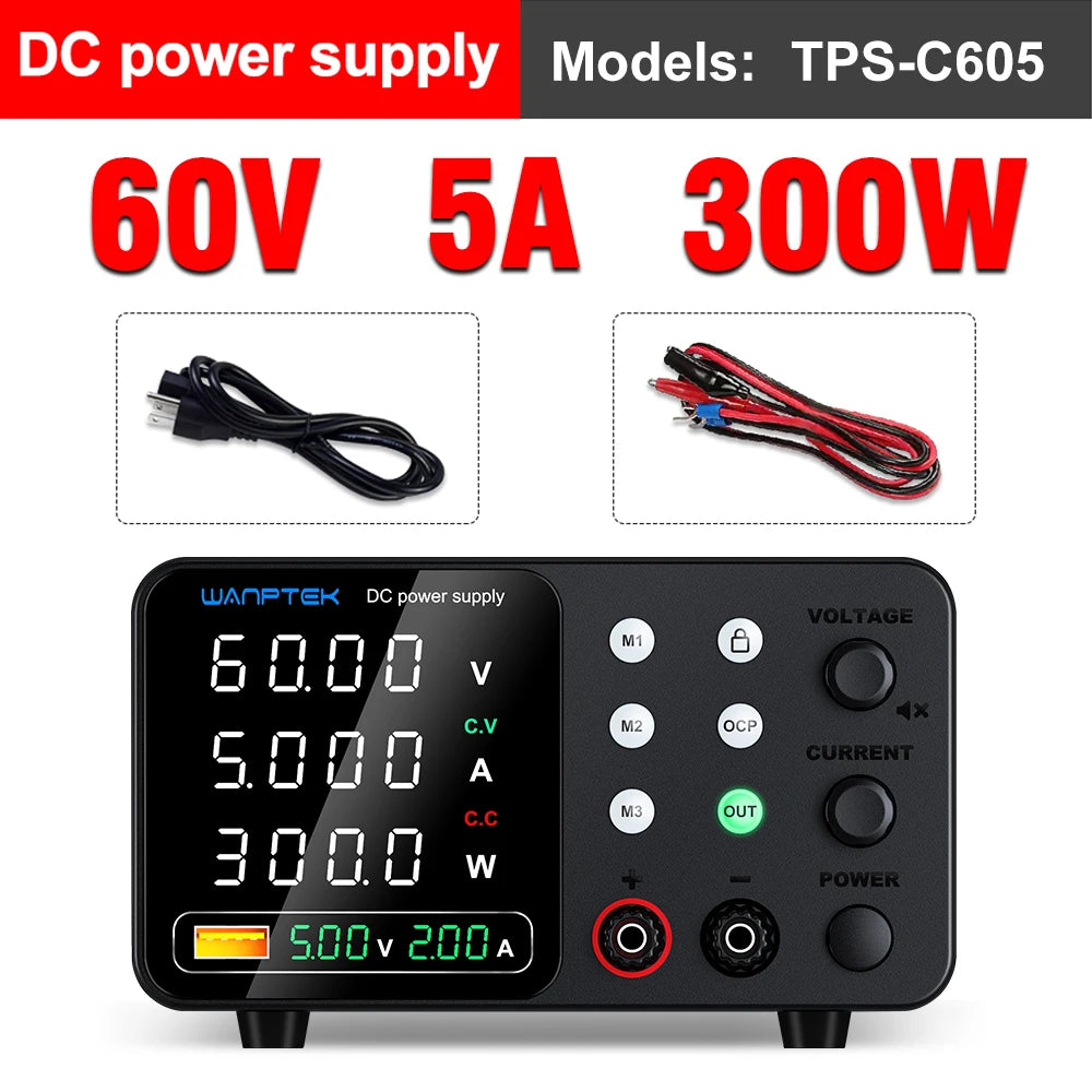 Fonte de Alimentação DC de Laboratório Wanptek Ajustável 30V 10A, ajuste por encoder, memória, fonte de bancada 160V 120V 60V 5A 3A, anodização metálica.