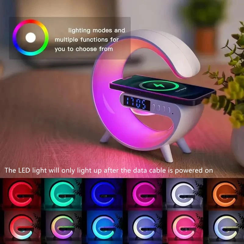 Luminária Noturna RGB Multifuncional — Alto-falante Sem Fio, Despertador, Caixa de Som Bluetooth e Estação de Carregamento Sem Fio para iPhone