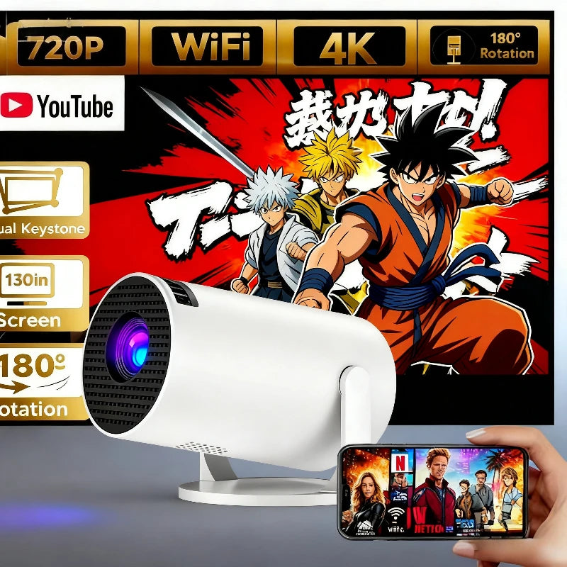 Projetor Portátil HY200 com Rotação de 270 Graus, Suporte Full HD 1080P, Compatível com Android, iOS e PC, USB e HDMI, Projeção de Vídeo