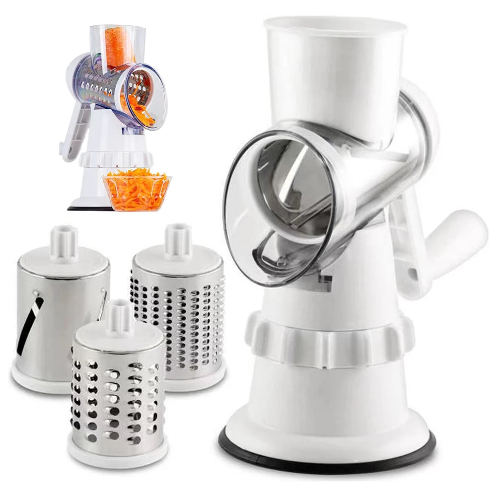 Cortador e Fatiador de Legumes Manual com Manivela – Picador de Cozinha com 3 Tambores Afiados Ajustáveis, Multifuncional para Ralar Batatas e Outros Alimentos.