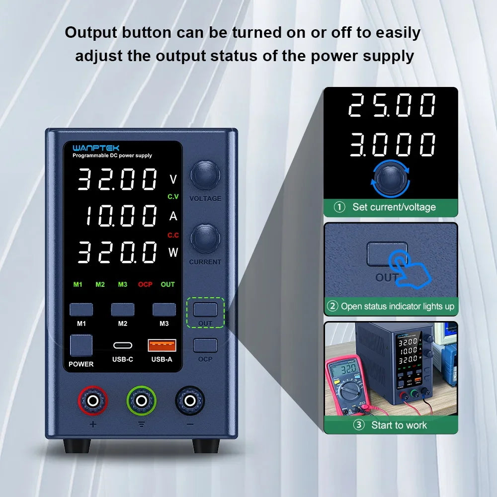 Fonte de Alimentação DC de Laboratório Wanptek Ajustável 30V 10A, ajuste por encoder, memória, fonte de bancada 160V 120V 60V 5A 3A, anodização metálica.