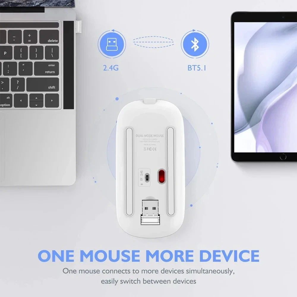 Mouse Sem Fio Recarregável Silencioso com Iluminação LED — Mouse Óptico de Modo Duplo (Bluetooth + Receptor 2.4GHz) para PC, Notebook e Computador
