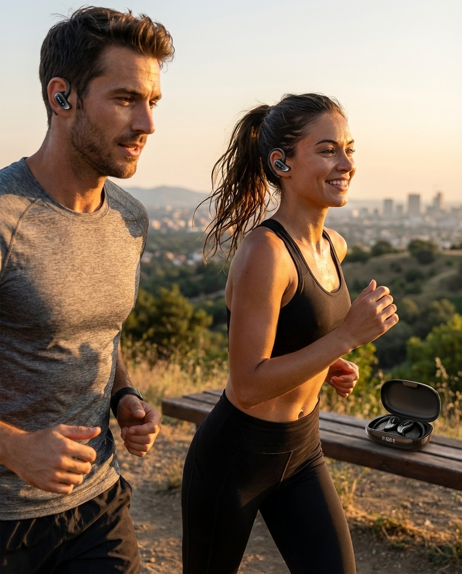 Fones de Ouvido Bluetooth  5.3 XT80, com Controle de Botão Microfone Redução de Ruído Ganchos para a Orelha À Prova D'água